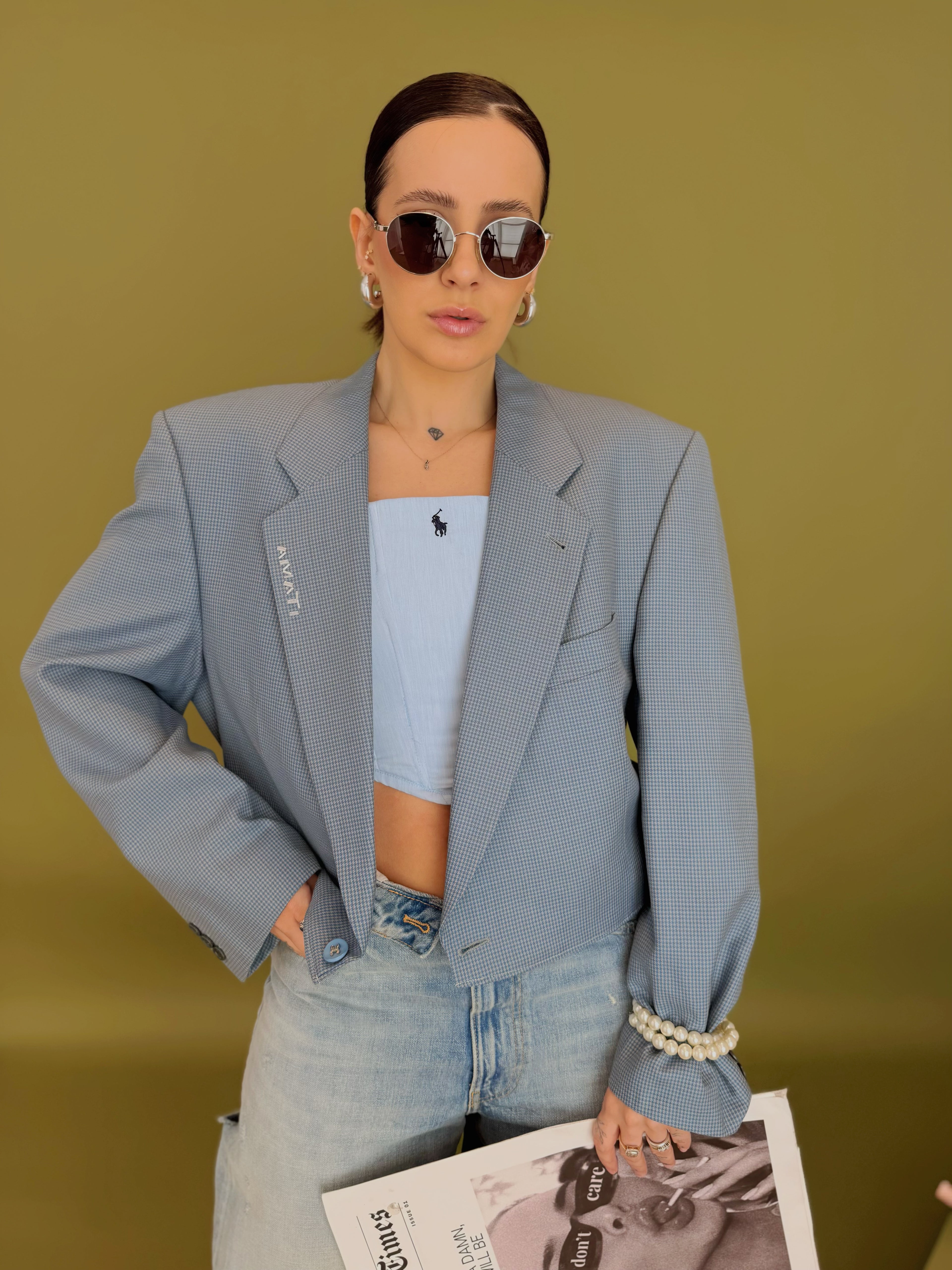 Blazer Reborn in Lana Vergine – Houndstooth Azzurro
